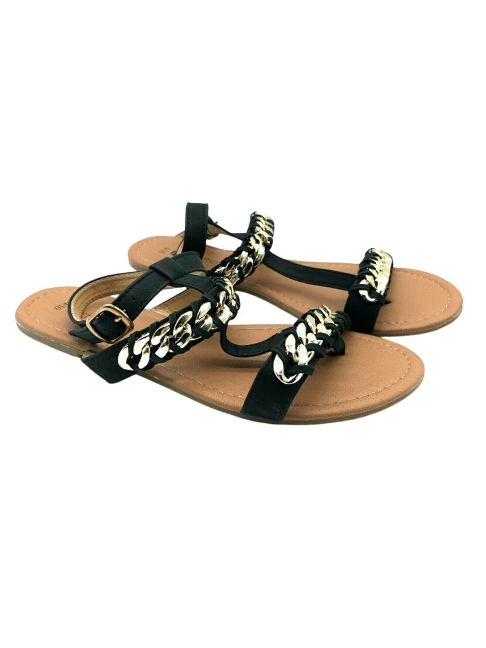 Chatties Sandals Ankle Strap Buckle Thong Chain Faux Leather Black Gold 9/10